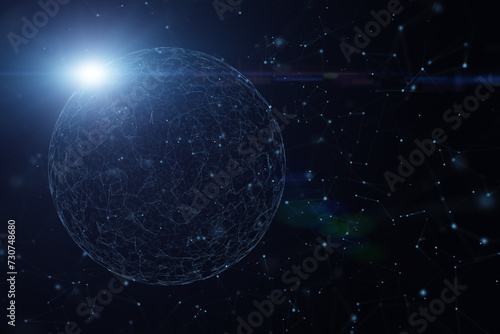 Futuristic digital sphere with lines dots and glowing light illustration background.