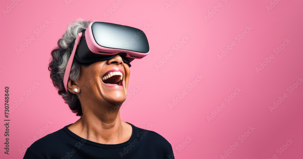 60-year-old Hispanic woman smiling as she experiences virtual reality with wireless VR goggles against a soft pastel backdrop with ample copy space, her eyes reflecting the wonder 60-year-old Hispanic woman smiling as she experiences virtual reality with wireless VR goggles against a soft pastel backdrop with ample copy space, her eyes reflecting the wonder