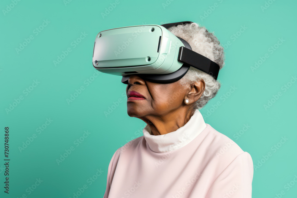 82-year-old African American woman wearing wireless VR glasses against a solid pastel green background with copy space, his expression thoughtful and engaged as he explores the virtual world 82-year-old African American woman wearing wireless VR glasses against a solid pastel green background with copy space, his expression thoughtful and engaged as he explores the virtual world