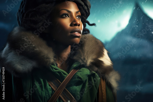 Retro portrait of an African female pirate, about 36 years old, on the bow, her face lit by the ethereal northern lights