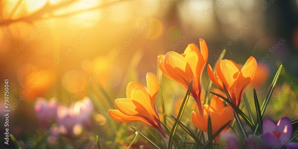 beautiful closeup of crocus flower in spring with blurred background and warm sunlight beautiful closeup of crocus flower in spring with blurred background and warm sunlight