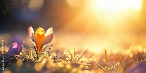 beautiful closeup of crocus flower in spring with blurred background and warm sunlight © Gucks