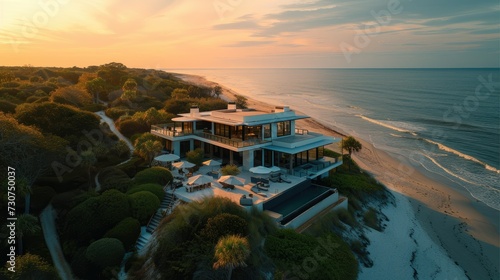 Modern beach front 3-story home with large glass windows. Aerial high view. Generative AI. photo