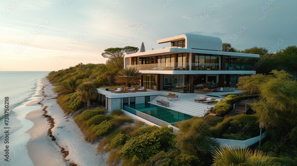 Modern beach front 3-story home with large glass windows. Aerial high view. Generative AI.
