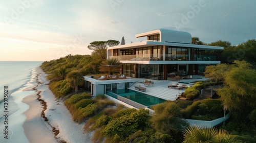 Modern beach front 3-story home with large glass windows. Aerial high view. Generative AI.