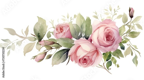 Watercolor floral illustration with roses  green leaves and branches isolated on white background. Hand painted flowers for invitation  wedding or greeting cards