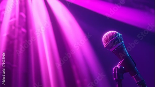 Vintage microphone on stage under spotlight. 4k video animation photo