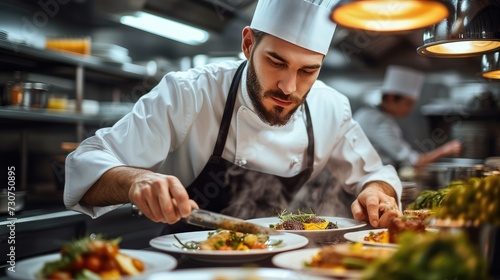 In a restaurant  chefs are creatively cooking a variety of gourmet suits to provide customers with gourmet flavors from all over the country. Generative AI.
