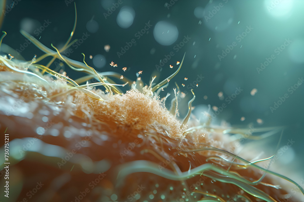 illustration of Microscopic view of dandruff on a hair strand, Detailed microscopic image showcasing a single hair strand with dandruff flakes attached to it.  - obrazy, fototapety, plakaty 