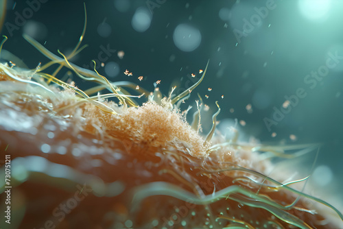 illustration of Microscopic view of dandruff on a hair strand, Detailed microscopic image showcasing a single hair strand with dandruff flakes attached to it.  photo