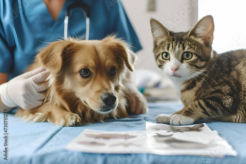 Dog and cat in animal clinic with veterinarian treating Flea and tick infestation. 