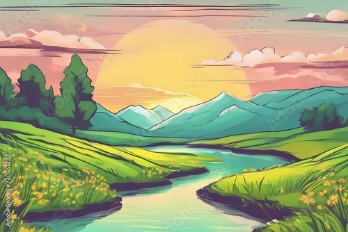 Beautiful landscape colorful mountain watercolor background. generative ai