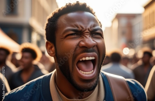 angry black protester screaming on street. male activist striking against rights violation.