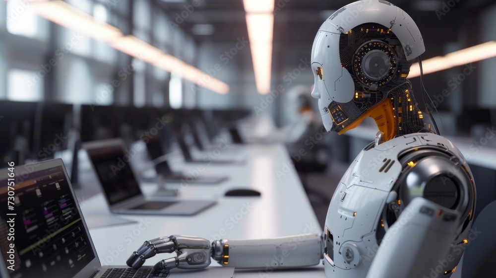 A Robot working at the office, artifical intelligence stealing jobs
