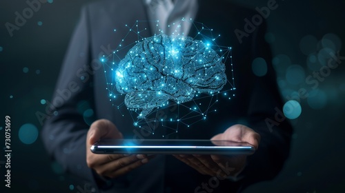 A businessman holding a table, brain hologram, ai, artificial intelligence