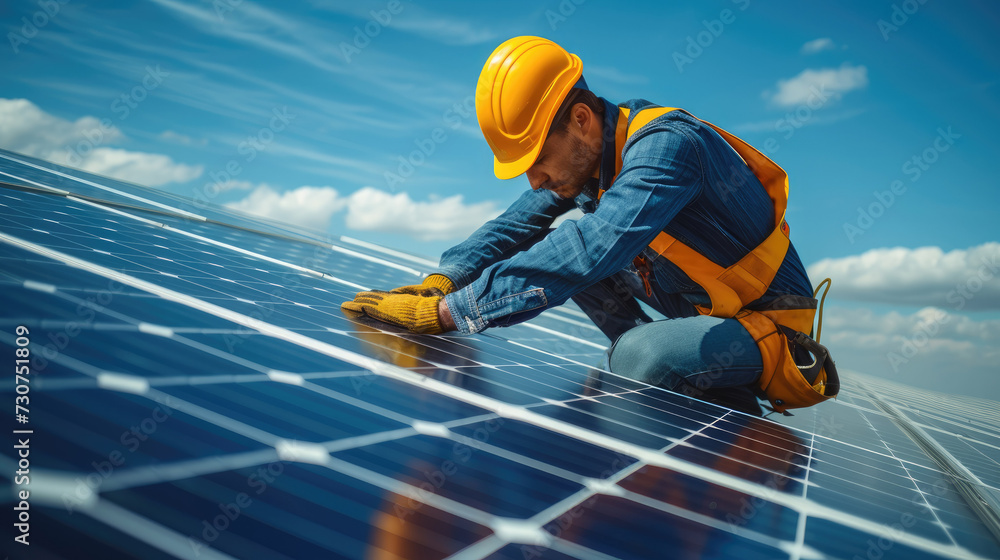 Construction worker installs solar panels on the roof of house, renewable energy source alternative innovation. Generative AI. Construction worker installs solar panels on the roof of house, renewable energy source alternative innovation. Generative AI.