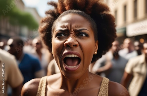 angry black protester screaming on street. female activist protesting against rights violation