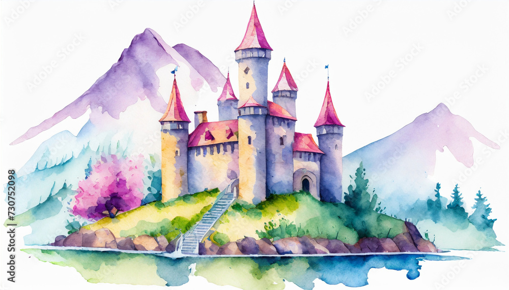 Watercolor illustration of magic castle on island, forest and mountains, natural landscape scenery. Fairy tale building