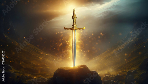 Magic golden sword, ancient fantasy weapon and landscape background, legendary adventure concept