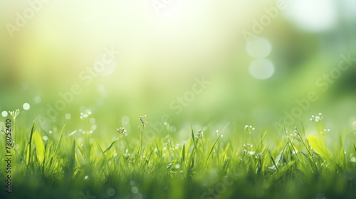 A fresh spring sunny garden background of green grass and blurred foliage bokeh.