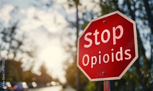 Red stop sign with bold Stop Opioids text against a blurred natural background, symbolizing the urgent call to end the opioid drug addiction crisis