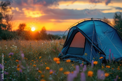 Camping freedom in the nature and having fun with spring wild flowers view