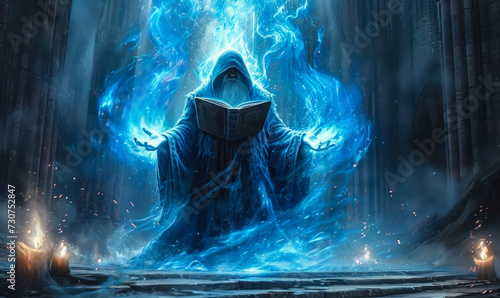 Mystical ancient wizard conjuring blue magical energy from an arcane tome in a dark, gothic cathedral setting, embodying fantasy and sorcery photo