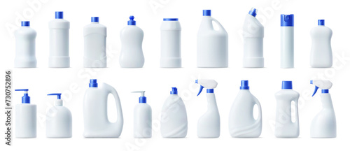 Detergent and clean product plastic bottles mockup. Isolated 3d vector set, showcasing sleek packages design for spotless homes. Professional containers, eco-friendly canisters, ready for branding