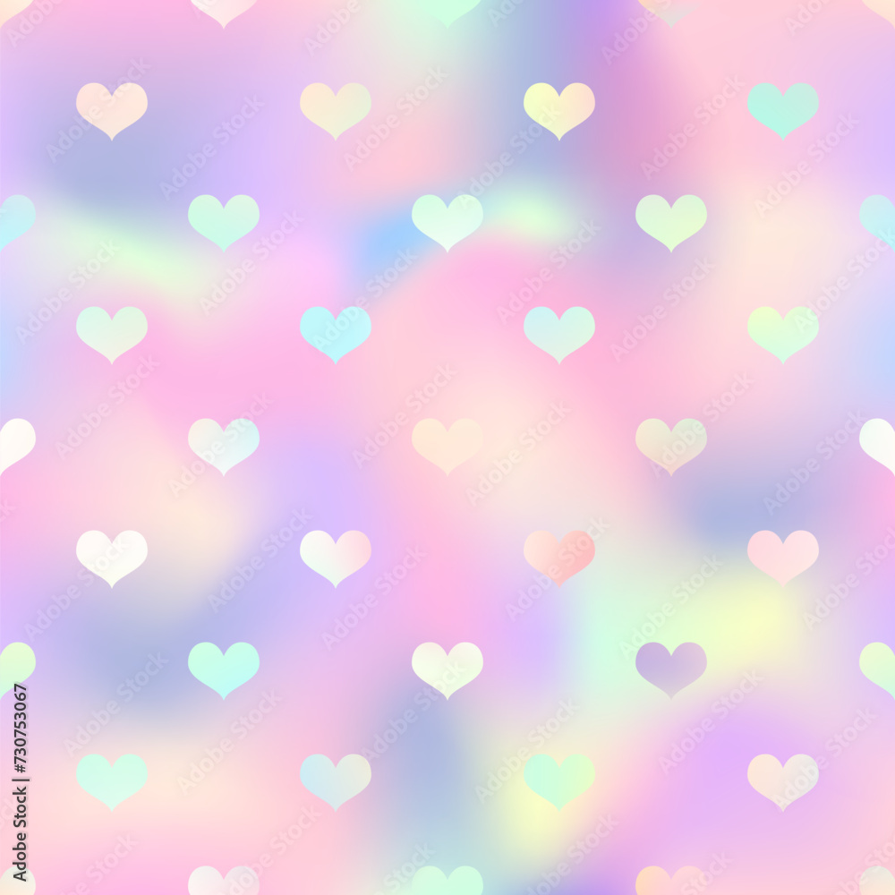Shiny holographic hearts seamless pattern. Vector iridescent heart print on pastel rainbow gradient background. Magic romantic Valentines Day backdrop texture for decoration, greeting, wedding design.