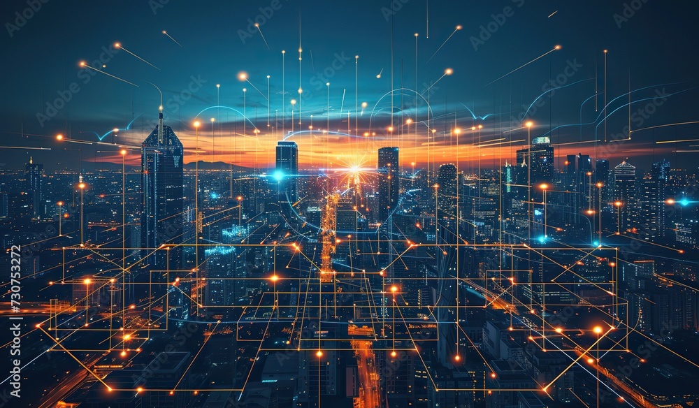 Obraz premium Urban Cityscape With Connected Lines and Dots