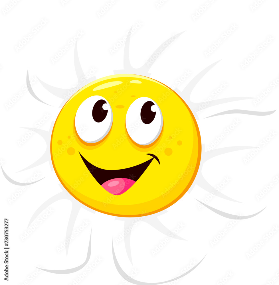 Cartoon chamomile, daisy flower character with smile face emotion vector sunny smiling floral personage with white petals and playful, cheerful expression embodies essence of happiness and relaxation