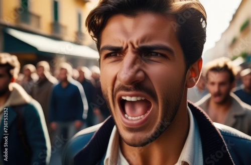 angry Italian protester screaming on street. male activist protesting against rights violation.