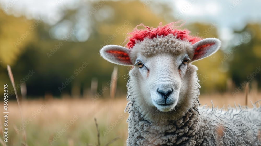 Sheep for feast of sacrifice, red flowers or bant on its head, Kurban holiday, Eid al-Adha