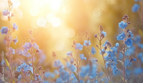 A Field of Blue Flowers With the Sun in the Background