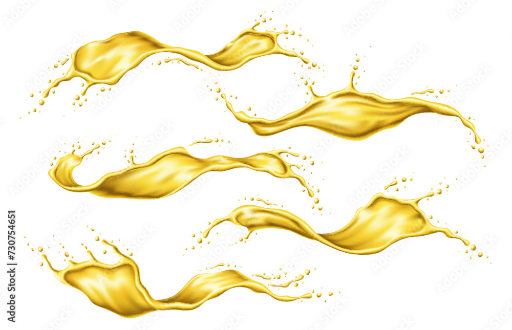 Fototapeta premium Yellow beer, oil or juice splashes. Realistic liquid swirl, wave, flow and spill with gold drops. Isolated golden splashes vector 3d set of olive oil, engine lubricant, honey, fuel or fruit drink