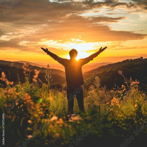 A person seen from behind is in a wide field and stretches out his arms to feel the joy of life when the sun rises, the concept of healing the soul, time for yourself etc. Generative ai