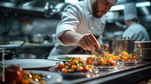 Chef in Luxury Restaurant, Prepared gourmet dish being in a restaurant kitchen. Generative AI.