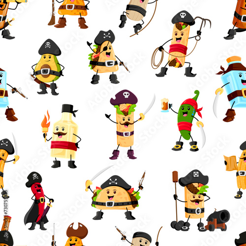 Cartoon pirate and corsair tex mex mexican characters seamless pattern. Fabric or textile vector print with avocado, burrito, enchilada, pulque and tequila, taco, nacho funny pirate personages