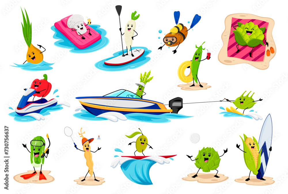 Obraz premium Cartoon cheerful vegetable character on summer beach vacation. Vector onion, champignon, daikon radish and potato. Bell pepper, green pea, and kohlrabi with chinese cabbage, corn, olive or soy bean