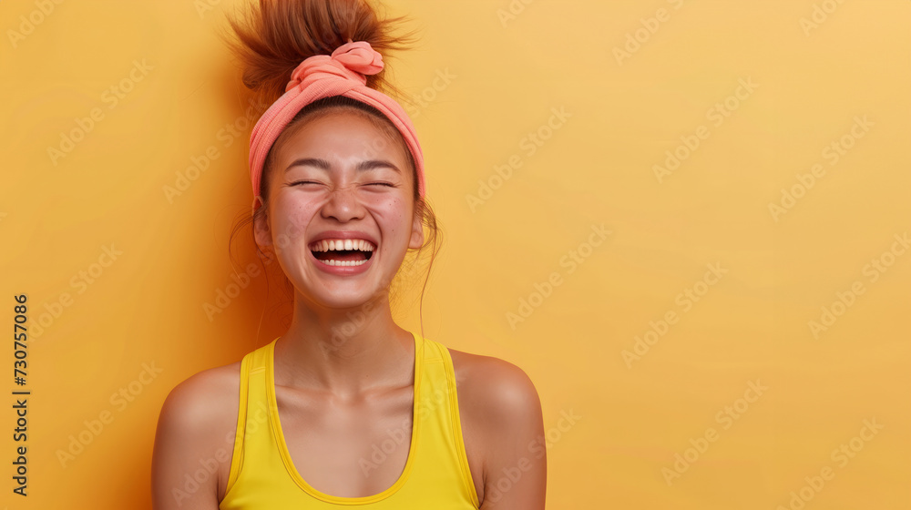 Portrait of cheerful, adult girl with hair gathered in bun. Wearing in T-shirt. Laughing with eyes closed. Stand isolated over pastel color background. Portrait of cheerful, adult girl with hair gathered in bun. Wearing in T-shirt. Laughing with eyes closed. Stand isolated over pastel color background.