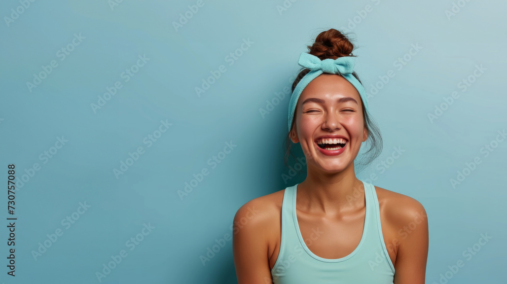 Portrait of cheerful, adult girl with hair gathered in bun. Wearing in T-shirt. Laughing with eyes closed. Stand isolated over pastel color background. Portrait of cheerful, adult girl with hair gathered in bun. Wearing in T-shirt. Laughing with eyes closed. Stand isolated over pastel color background.