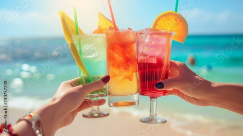 Hands with colorful cocktails on the beach