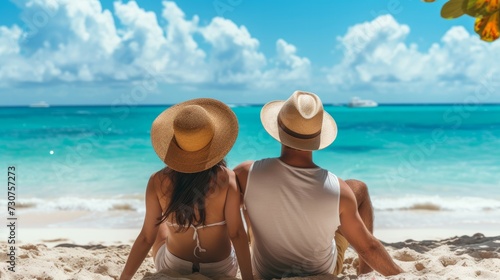 Happy young couple sitting near beach with palm trees wearing hats