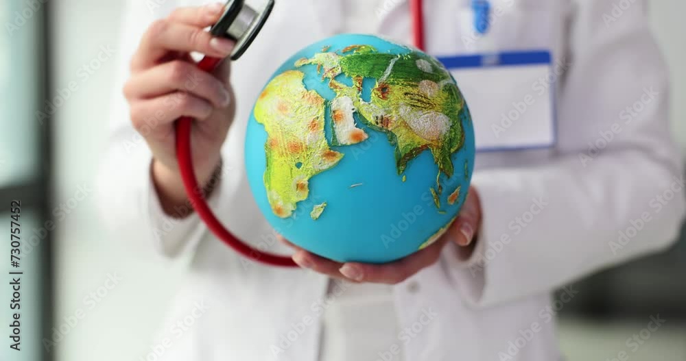 Doctor in white coat places stethoscope on model of Earth Doctor in white coat places stethoscope on model of Earth