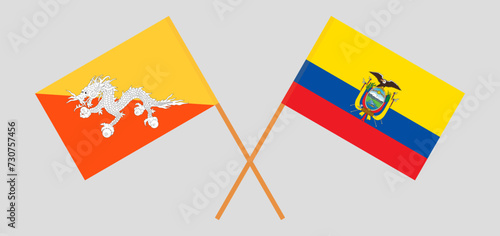 Crossed flags of Bhutan and Ecuador. Official colors. Correct proportion