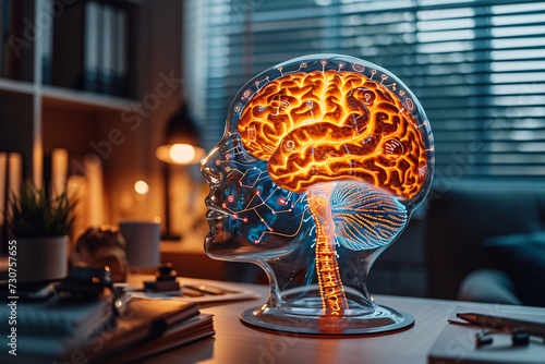  lifestyle stock photography of Focused brain model with memory-related symbols, neural pathways illuminated. Cluttered desk, dim study room, dusk light filtering through blinds. Close-up, shallow dep photo