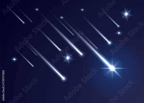 Sky shooting stars with trails, realistic falling comets and meteors. 3d vector asteroids and bolides with luminous traces streak across night heaven in mesmerizing spectacle of celestial phenomenon