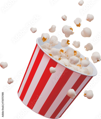 Realistic 3D popcorn bucket with pop corn explosion, isolated vector. Cinema theater pop corn or movie snack popcorn with explode from red white stripe basket for product package or movie theater bar