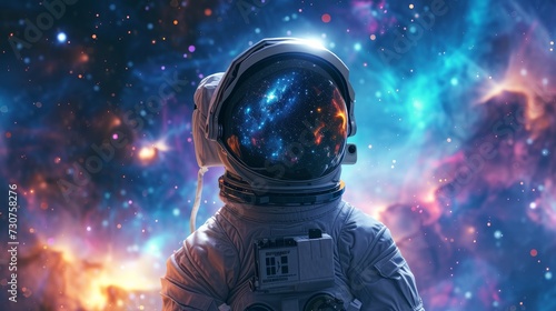  Ultra-realistic, high-resolution close-up image of an astronaut's mask reflecting a view into space filled with galaxies and stars.