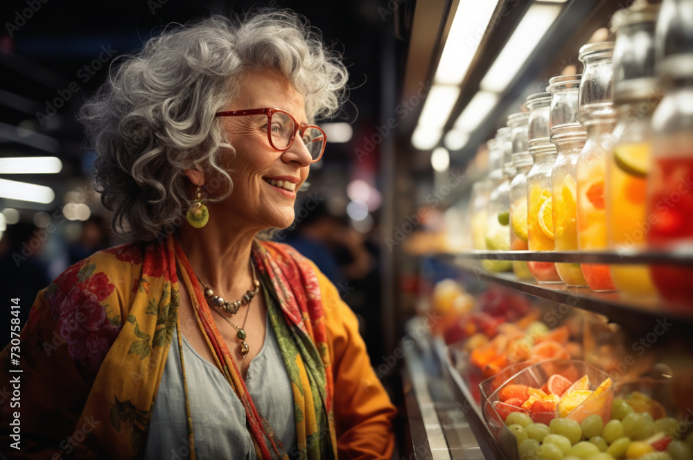 Mature woman shopping in grocery store. Embracing consumer choice and confidence in selecting quality products amidst the aisles of fresh produce and retail offerings